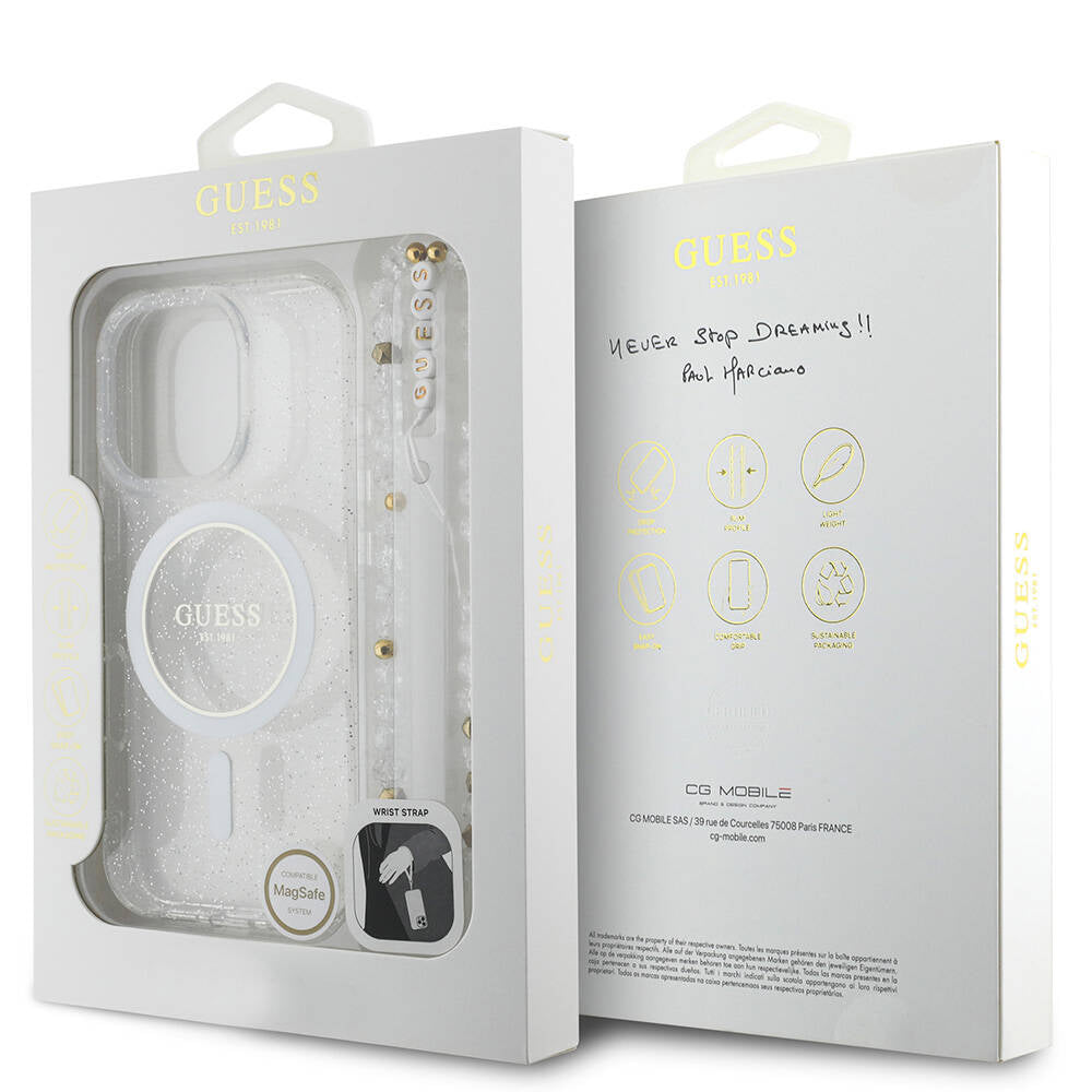 Guess iPhone 16 Pro Orjinal Lisanslı Magsafe Şarj Özellikli Simli Silikon İnci Bileklikli Telefon Kılıfı - 24 Guess iPhone 16 Pro Orjinal Lisanslı Magsafe Şarj Özellikli Simli Silikon İnci Bileklikli Telefon Kılıfı - 24